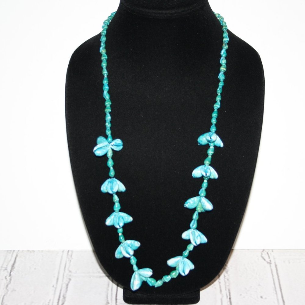 Aqua blue teal natural dyed shell necklace 34"